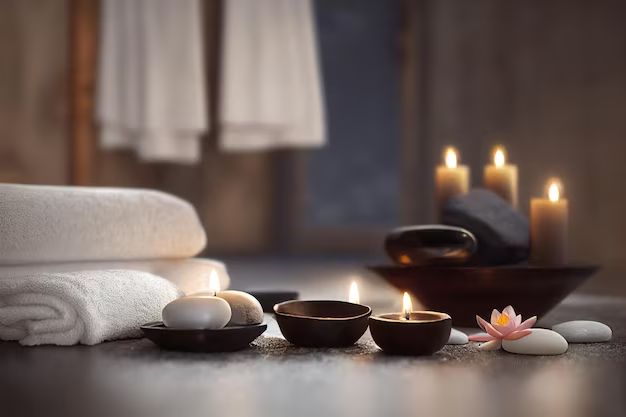 spa soft towels candles black hot stones and lotus flowers on a floor